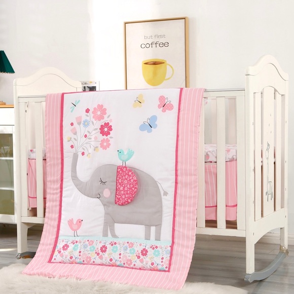 3pc Nursery Comforter Set Crib Sheet Pink Gray Elephant Bird Parent's Choice NEW - Picture 8 of 14